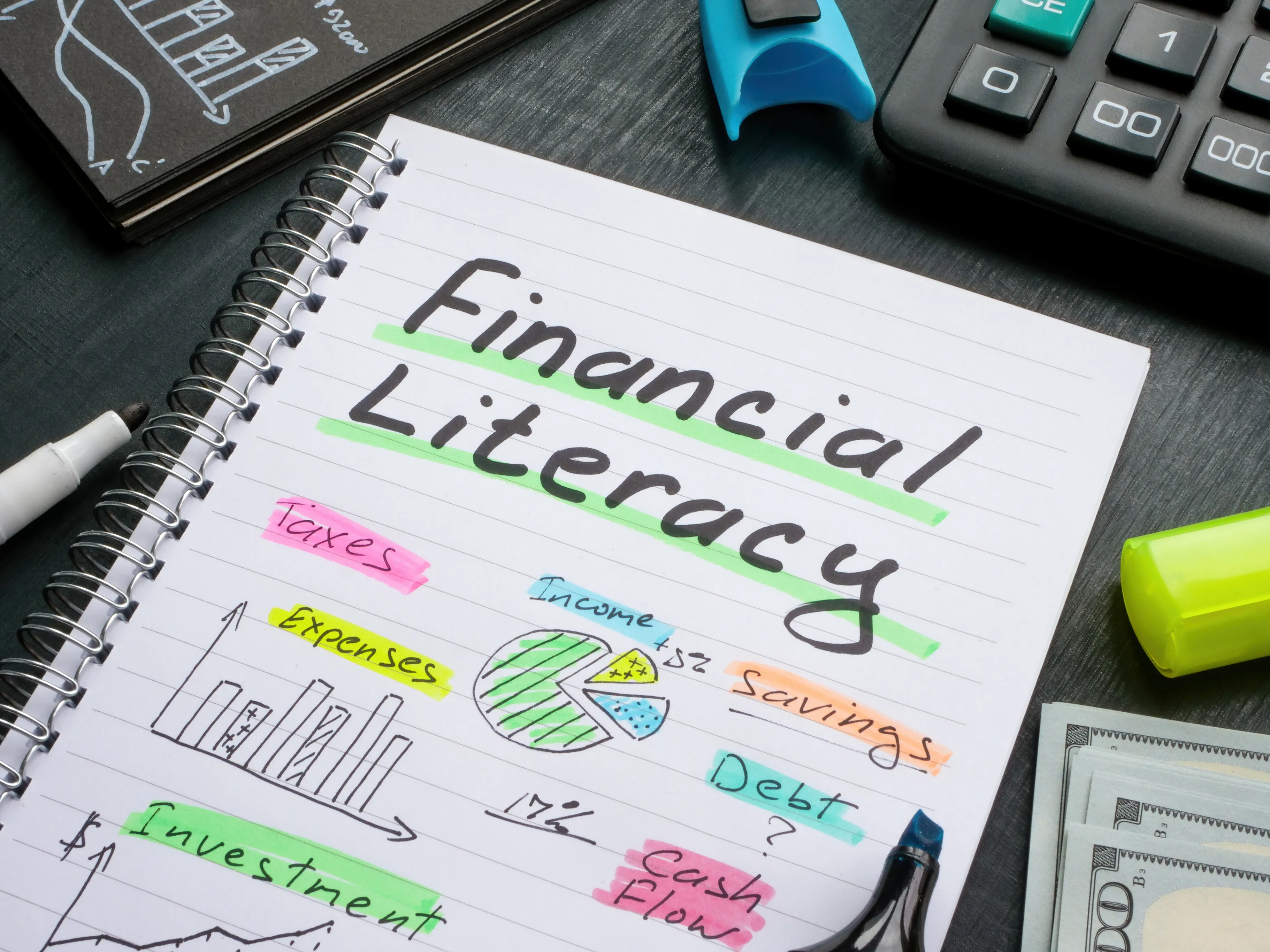 A notebook with financial literacy notes beside a calculator and cash
